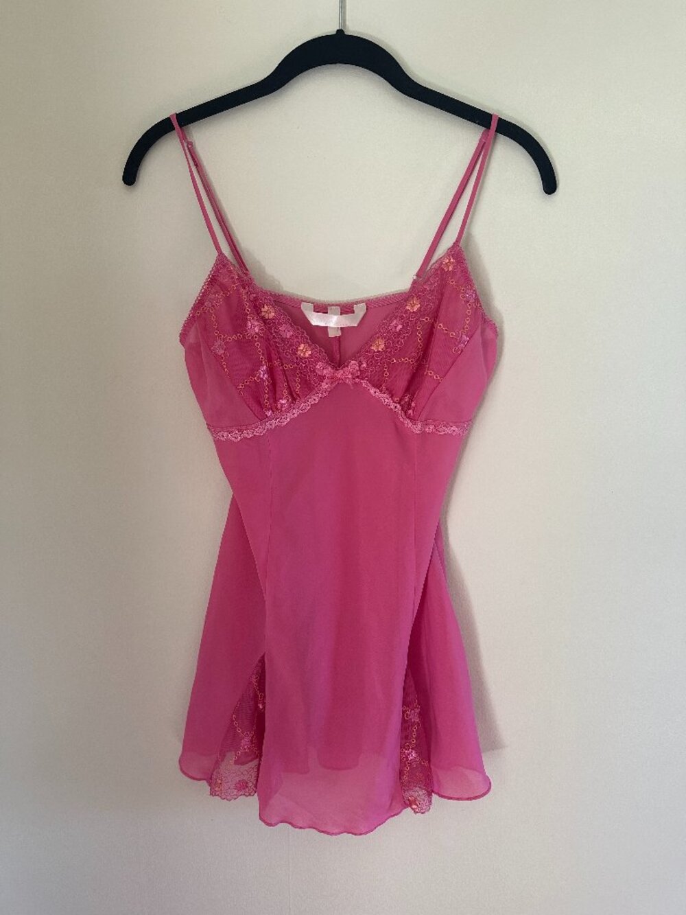 Y2K 90's Pink Slip Dress Lace Trim Embroidered Chemise Women's Small
